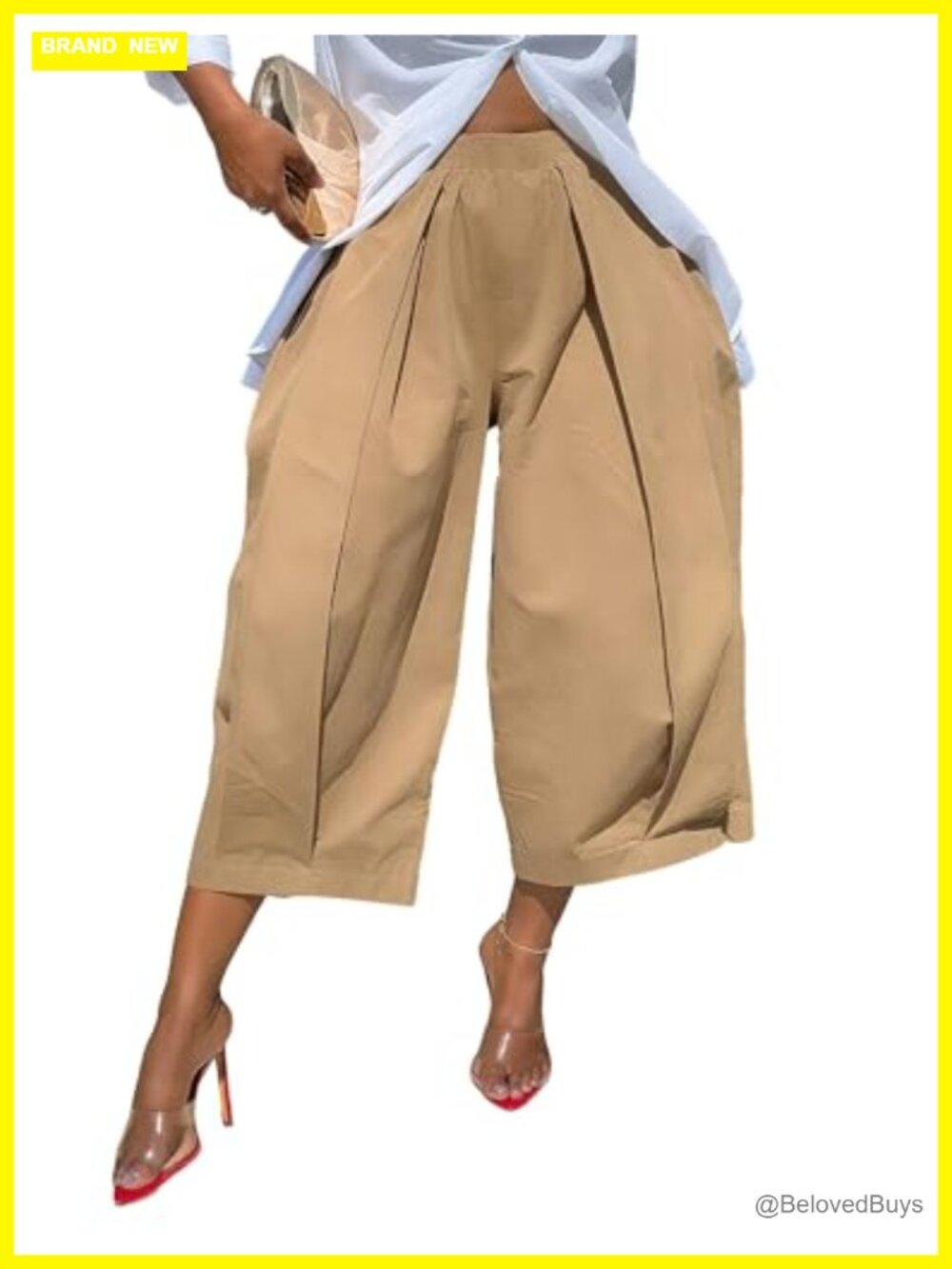 High Waist Pleated Wide Leg Capri Cropped Trousers Cargo Pockets